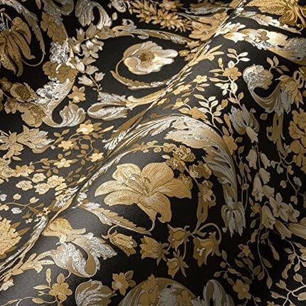 Versace Home Tapeta Z Kwiatami Kwiaty 387065 Złota Czarna Srebrna Barokowa 10,05x0,70m