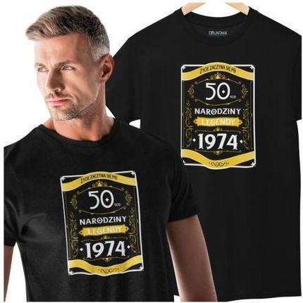 Koszulka na 50 urodziny na pięćdziesiątkę 60 LAT "ŻYCIE ZACZYNA SIĘ PO 50-TCE NARODZINY LEGENDY 1974" kolor czarny