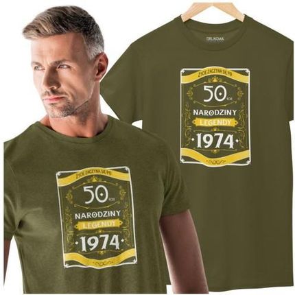 Koszulka na 50 urodziny na pięćdziesiątkę 50 LAT "ŻYCIE ZACZYNA SIĘ PO 50-TCE NARODZINY LEGENDY 1974" kolor khaki