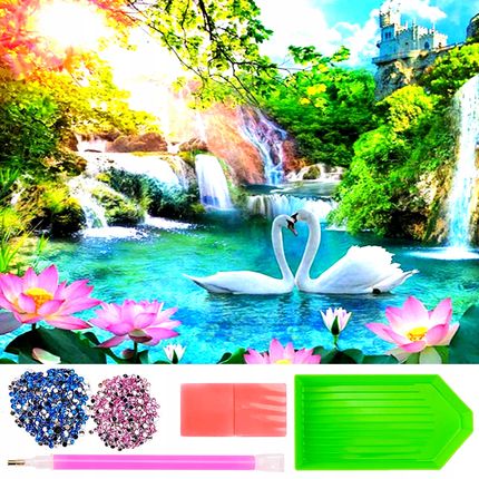 Norimpex Haft Diamentowy Wodospad Łabędzie Kwiaty Krajobraz Mozaika Diamond Paiting 1635724680