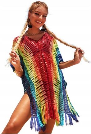 Kolorowa Tunika Plażowa Sukienka Pareo Frędzle