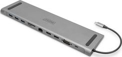 Digitus Stacja/replikator USB-C, 11 portów  2xHDMI 4K30Hz 1xVGA FHD 3xUSB-A 3.0 RJ45 PD3.0, Srebrna (DA70898)