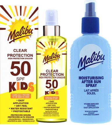 Malibu Bezbarwny Spray Dla Dzieci SPF50 250ml + Balsam W Sprayu Po Opalaniu 200ml
