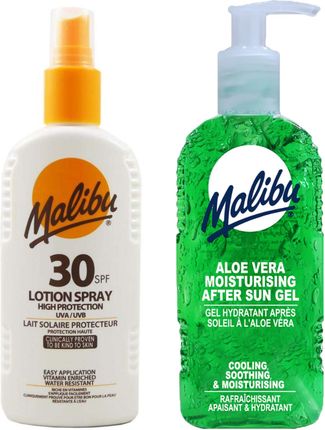 Malibu SPF30 Wodoodporny Spray 200ml + Aloe Żel Po Opalaniu 200ml