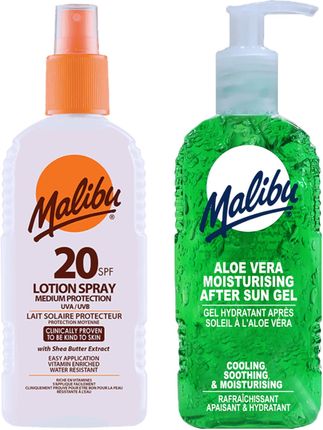 Malibu SPF20 Wodoodporny Spray 200ml + Aloe Żel Po Opalaniu 200ml