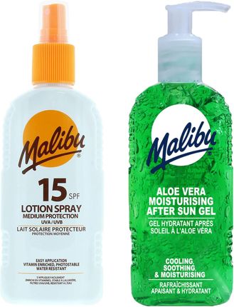 Malibu SPF15 Wodoodporny Spray 200ml + Aloe Żel Po Opalaniu 200ml