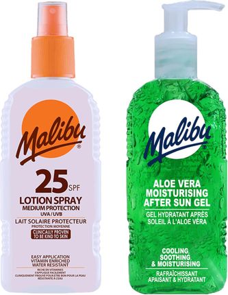 Malibu SPF25 Wodoodporny Spray 200ml + Aloe Żel Po Opalaniu 200ml
