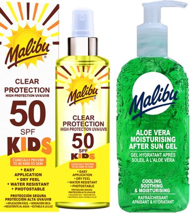 Malibu Bezbarwny Spray Dla Dzieci SPF50 250ml + Aloe Żel Po Opalaniu 200ml