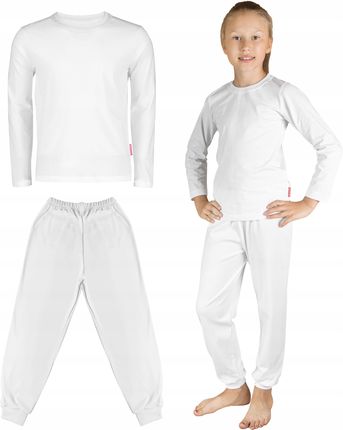 Biały Komplet Dziecięcy Zestaw Bluzka Długi Rękaw Spodnie Długie Dres 134