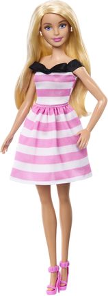 Barbie Lalka 65 rocznica z blond włosami oraz różowo-białą sukienką HTH66