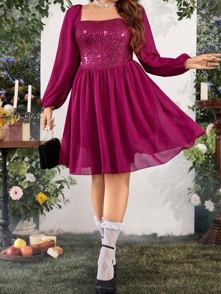 Rękaw Zdobienie Cekiny Wea XXC__XXL Shein Różowa Mini Sukienka Długi