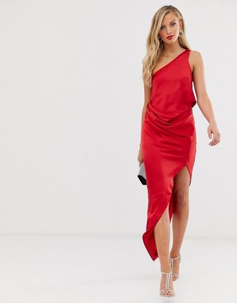 Czerwona satynowa sukienka koktajlowa midi 32
