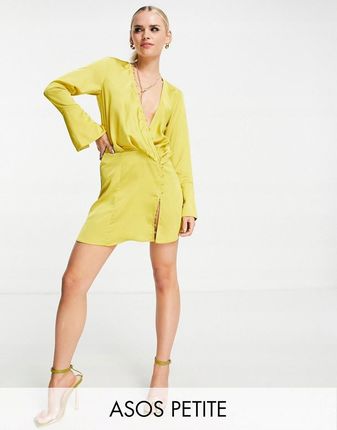 Żółta satynowa sukienka mini drapowana ozdobne 34