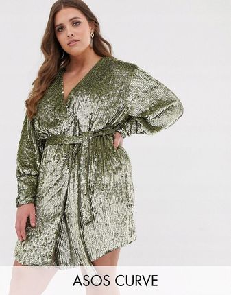 Zielona cekinowa sukienka mini kopertowa defekt 48