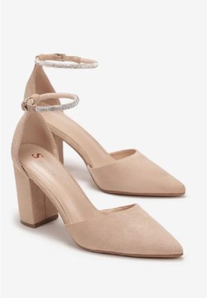 CZÓŁENKA SATYNOWE NA SŁUPKOWYM OBCASIE Z CIENKIM PASKIEM Z CYRKONIAMI BEŻOWE ROZMIAR 41