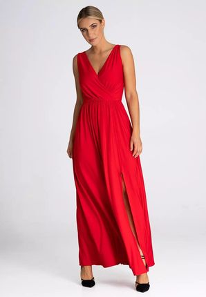 Długa sukienka na wesele z rozcięciem (Czerwony, S)