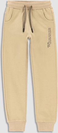 Spodnie dresowe beżowe z napisami na nogawce o fasonie REGULAR