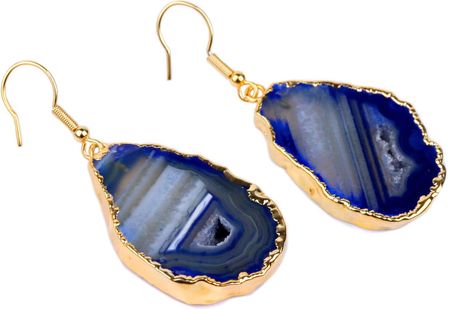 Brazi Druse Jewelry Kolczyki Agat Plastry Niebieskie Złocone (12622)