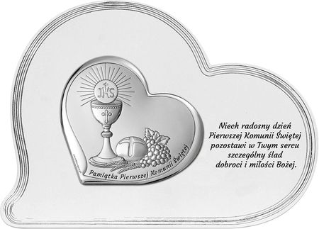 Beltrami Obrazek pamiątka pierwszej komunii świętej srebrny z grawerem serce na białym panelu | Rozmiar: 16.1x12 cm SKU: BC6755SF/1S2