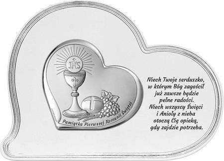 Beltrami Obrazek pamiątka pierwszej komunii świętej srebrny z grawerem serce na białym panelu | Rozmiar: 16.1x12 cm SKU: BC6755SF/1S1