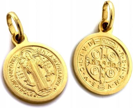 Złoty medalik dwustronny 585 św Benedykt bez kamieni 14K