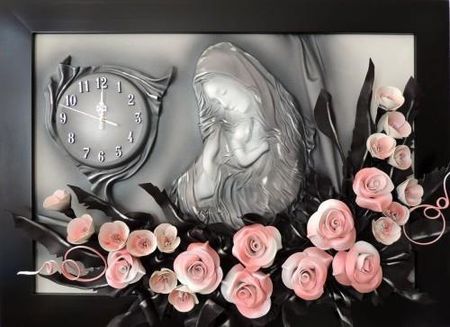 Art Deco Duży obraz Matki Boskiej Maryi z bukietem róż + zegar PREZENT ślub JUBILEUSZ podziekowanie - K8s-8