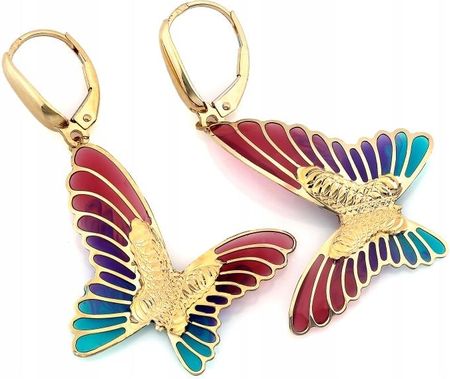 Kolczyki złote 585 duże wiszące kolorowe motyle skrzydła bigiel angielski