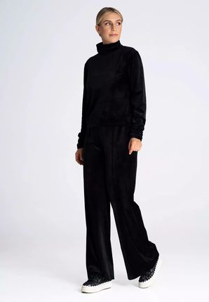 Spodnie damskie typu dzwony z weluru (Czarny, XL)