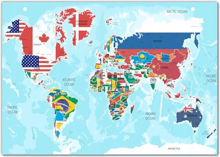 Duża Kolorowa Tablica Mapa Świata Flagi Państwa A3