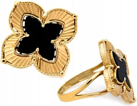 Złoty pierścionek 585 efektowny kwiat z czarnym kamieniem r20