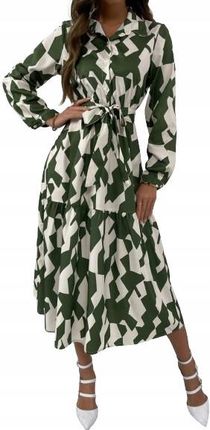 Shein Koszulowa Sukienka Geometryczny Wzór Długi Rękaw Pasek S