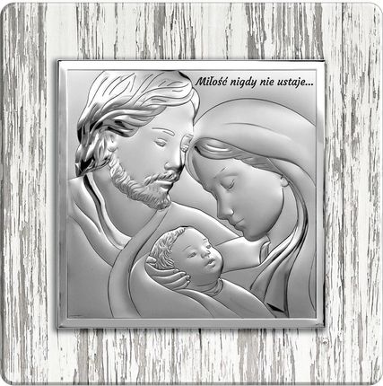 Obraz Świętej Rodziny srebrny nowoczesny z grawerem w drewnianej ramie