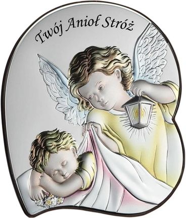 Srebrny obrazek na chrzest anioł stróż z latarenką kolorowy