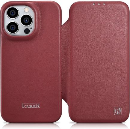 Icarer Emaga Skórzane Etui Iphone 14 Pro Max Z Klapką Magnetyczne Magsafe Ce Premium Leather Bordowy
