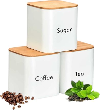 Tuzsocr Zestaw 3 Pojemników Ceramicznych Sugar Coffee Tea Białe Z Brązową Pokrywką (3000494)