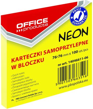 Office Products Bloczek Samoprzylepny 76X76Mm 100 Kartek Neon Żółty