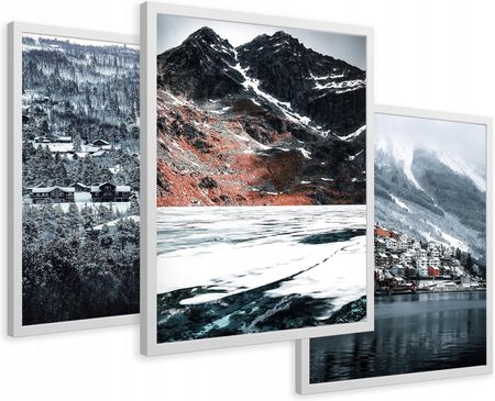 Printedwall Zestaw Obrazy w ramie plakaty norweskie domki góry zima tryptyk 43x99 