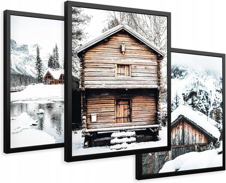 Printedwall Zestaw Obrazy w ramie plakaty zimowa chatka w górach tryptyk 43x99 