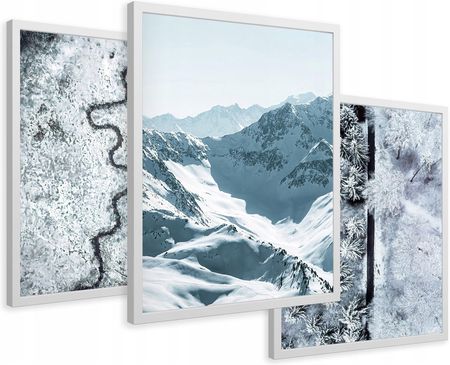 Printedwall Zestaw Obrazy w ramie plakaty góry zima śnieg tryptyk 43x99 