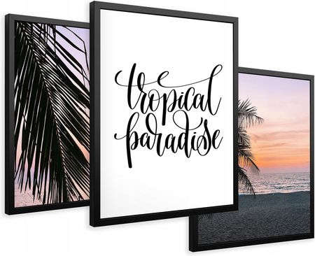 Printedwall Zestaw Obrazy w ramie plakaty tropikalne palmy zachód tryptyk 43x99 