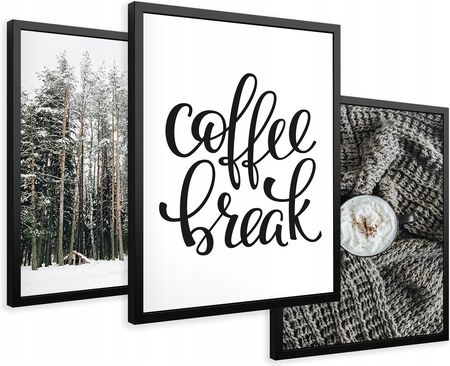Printedwall Zestaw Obrazy w ramie plakaty kawa las zima przytulnie tryptyk 43x99 