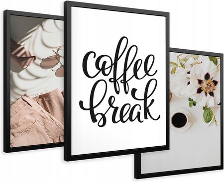Printedwall Zestaw Obrazy w ramie plakaty coffee break kawa napis tryptyk 43x99 