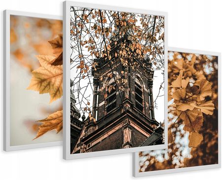 Printedwall Zestaw Obrazy w ramie plakaty jesień w mieście tryptyk 43x99 