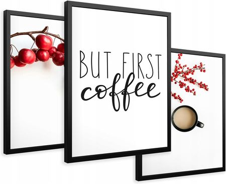 Printedwall Zestaw Obrazy w ramie plakaty kawa jesień first coffee tryptyk 43x99 