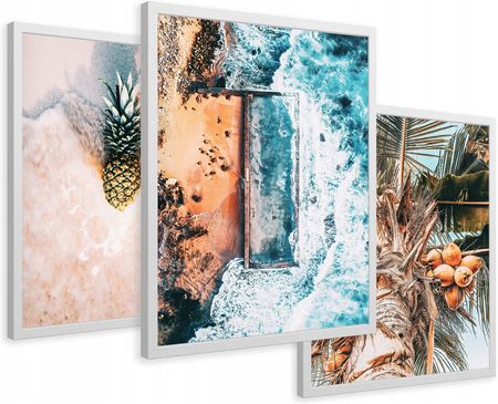 Printedwall Zestaw Obrazy w ramie plakaty plaża morze ananas kokosy tryptyk 43x99 