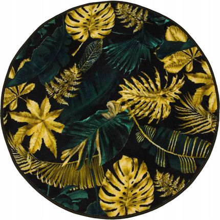 Akcila Śr. 80 Cm Okrągły Dywan Złoty Zielony Monstera Liście