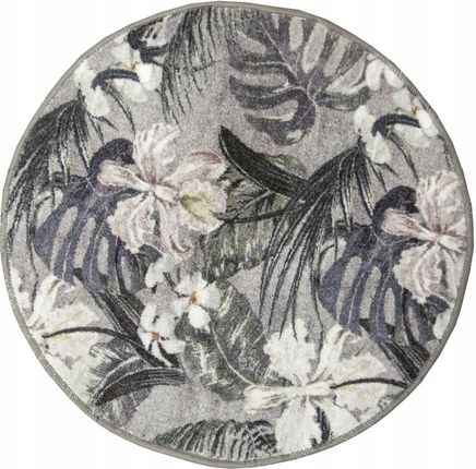 Akcila Śr. 80 Cm Okrągły Dywan W Tropikalne Liście Monstery Kwiaty Szary Kremowy