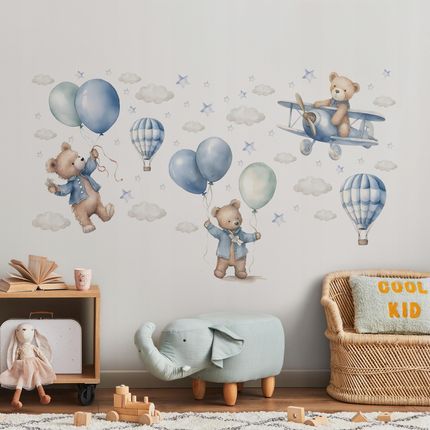 Naklejki Na Ścianę Dla Dzieci Misie Balony Samoloty Chmurki Gwiazdki Zestaw