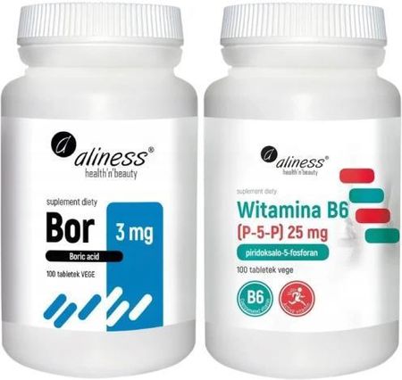 Zestaw Bor 3 mg (kwas borowy) x 100 tabletek vege + Witamina B6 (P-5-P) 25 mg x 100 tabletek VEGE, Aliness