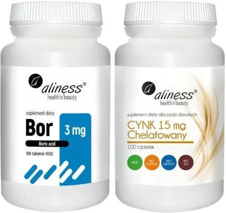 Zestaw Bor 3 mg (kwas borowy) x 100 tabletek vege + Cynk chelatowany 15 mg x 100 tabletek Vege, Aliness